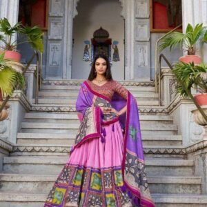 Purple Tussar Silk Lehenga Choli with Baby Pink Blouse | Kalamkari & Foil Work | Wedding & Festive Wear