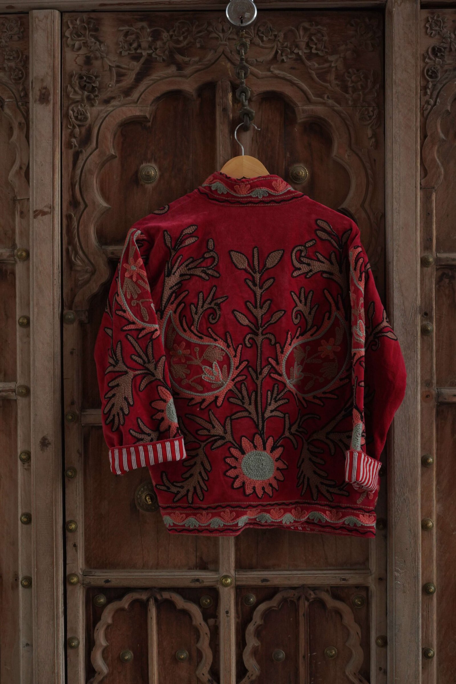 Womens Red Velvet Embroidered Jacket with Floral Design - Image 5